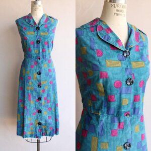 Vintage 1960s Dress, Blue Shirtwaist in Cotton, Volup Size, Geometric Shape